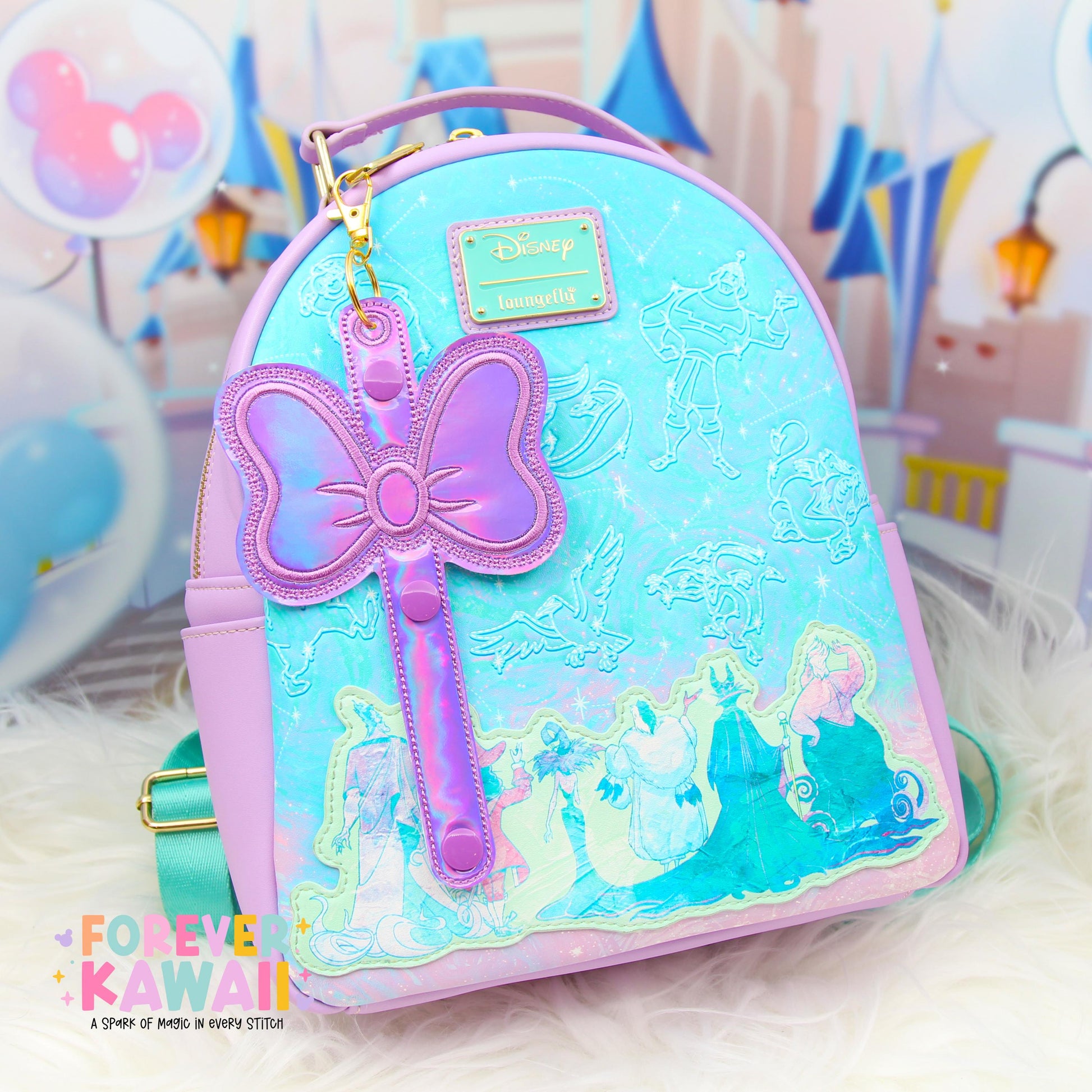 Purple Holographic Bow Ear Holder | Disney Ear & Hat Holder | Iridescent Faux Leather Bag Charm for Sunglasses, Popcorn Bucket, Resort Mug