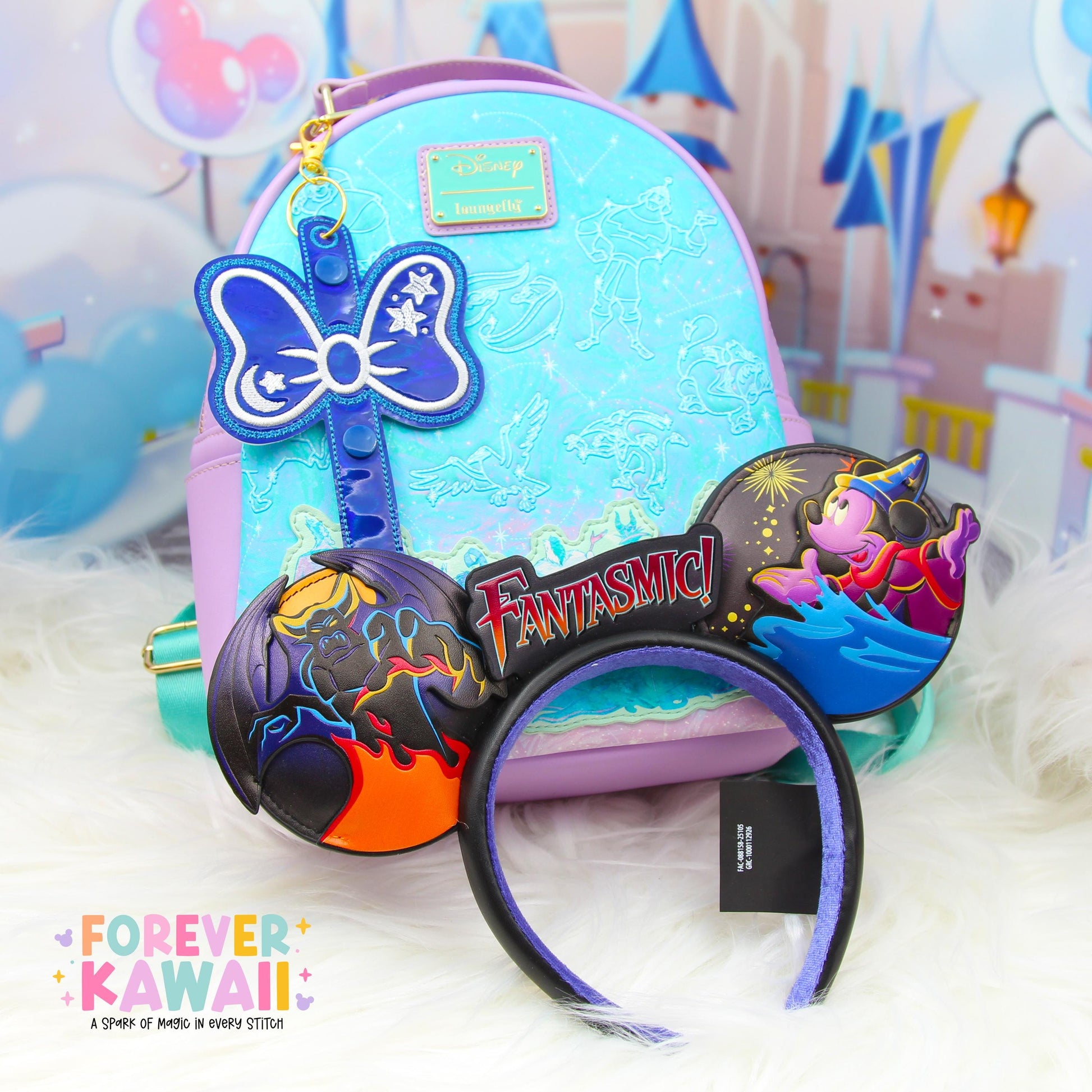 Sorcerer Mouse Bow Ear Holder | Blue Holographic Faux Leather Disney Ear & Hat Holder | Bag Charm for Sunglasses, Popcorn Bucket, Resort Mug