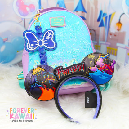 Sorcerer Mouse Bow Ear Holder | Blue Holographic Faux Leather Disney Ear & Hat Holder | Bag Charm for Sunglasses, Popcorn Bucket, Resort Mug