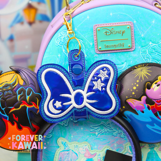 Sorcerer Mouse Bow Ear Holder | Blue Holographic Faux Leather Disney Ear & Hat Holder | Bag Charm for Sunglasses, Popcorn Bucket, Resort Mug