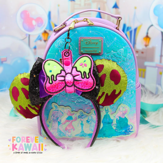 Neon Poison Apple Bow Ear Holder Keychain | Pink Glitter Faux Leather Disney Ear & Hat Holder | For Sunglasses, Popcorn Bucket, Resort Mug