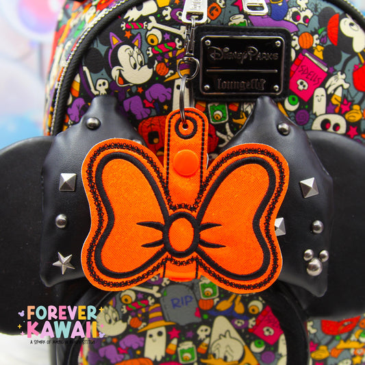 Halloween Bow Ear Holder Keychain | Orange & Black Faux Leather Disney Ear and Hat Holder | Bag Charm Sunglasses, Popcorn Bucket, Resort Mug