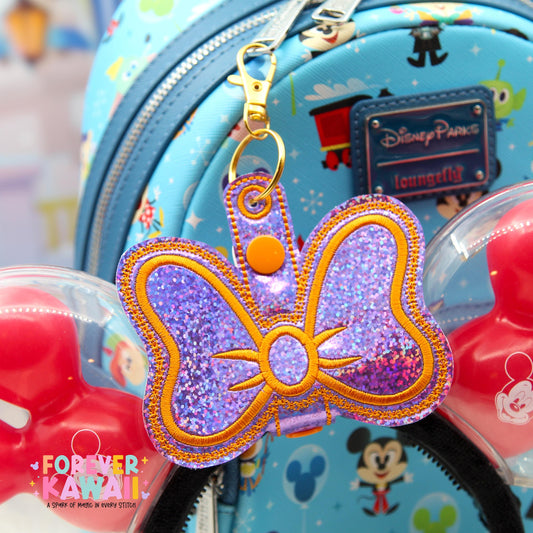 Figment Inspired Bow Ear Holder | Purple Glitter Faux Leather Disney Ear and Hat Holder | EPCOT Park Bag Charm, Popcorn Bucket, Resort Mug
