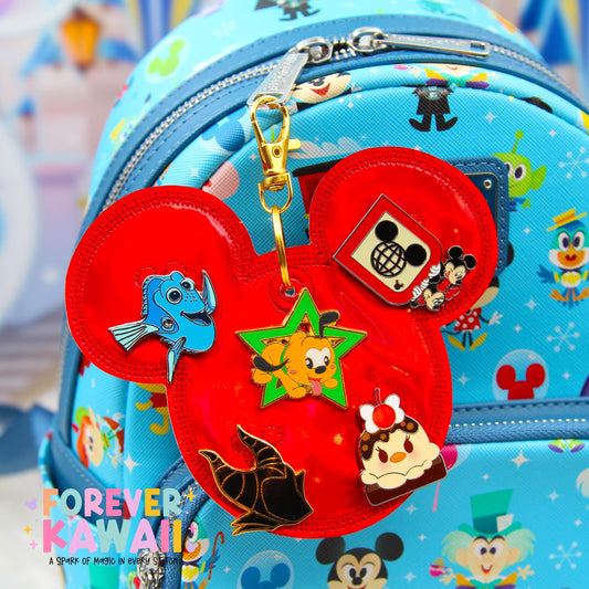 Red Holographic Disney Pin Trading Keychain | Choose 3 Pin Holder or 5 Pin Holder | Park Trading Bag Charm & Display Accessory