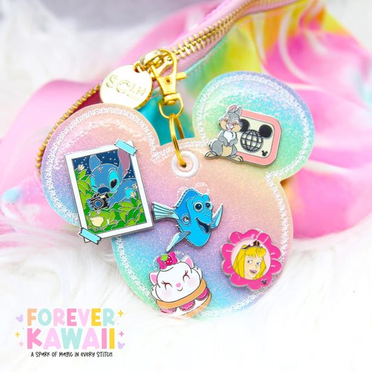 Pastel Rainbow Glitter Disney Pin Trading Keychain | No-Shed Glitter 3 Pin or 5 Pin Holder | Kawaii Bag Charm & Pin Display