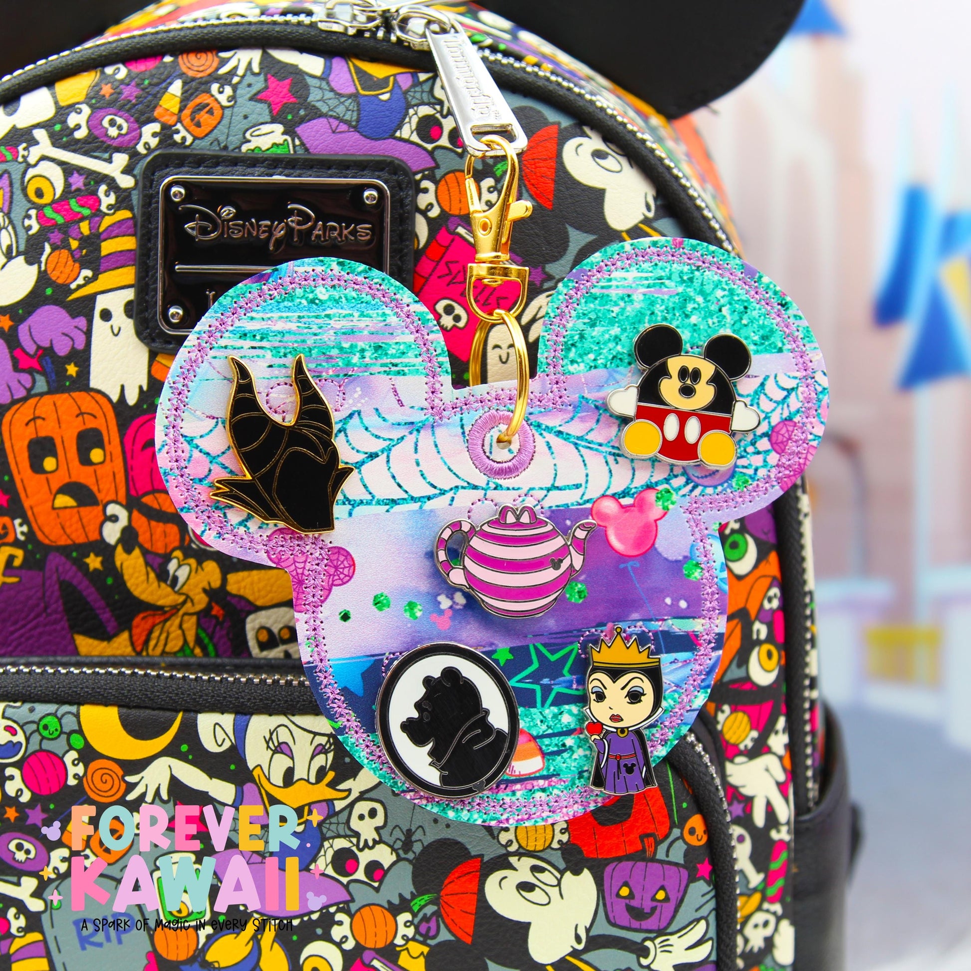 Pastel Spooky Pin Trading Keychain | Patterned 5 Pin Holder | Disney Pin Trading Bag Charm | Pattern Placement Will Vary