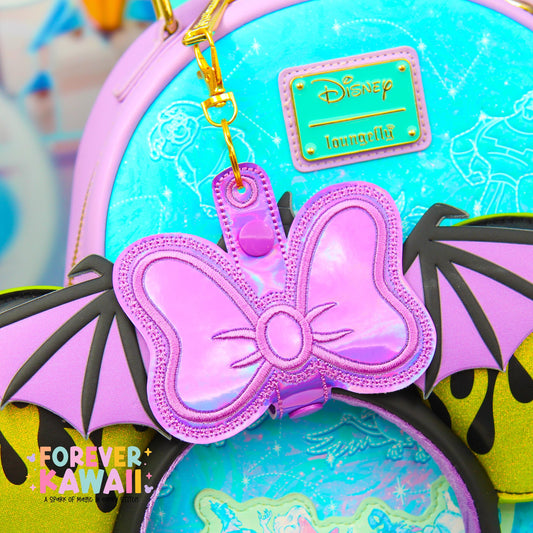 Purple Holographic Bow Ear Holder | Disney Ear & Hat Holder | Iridescent Faux Leather Bag Charm for Sunglasses, Popcorn Bucket, Resort Mug