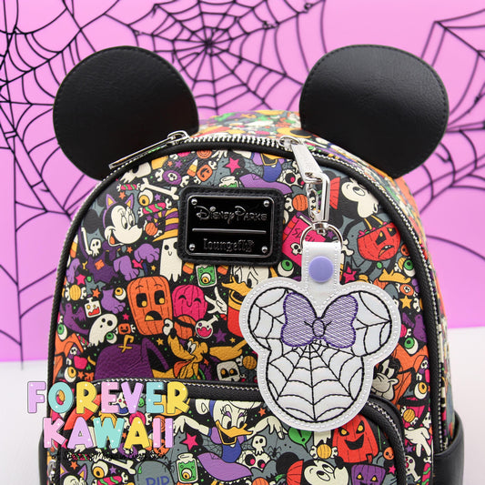 Spiderweb Mouse Ears Halloween Bag Charm with Bow | Spooky Cute Keychain | Glitter Vinyl Accessory for Backpacks, Lanyards, Park Bag Charm