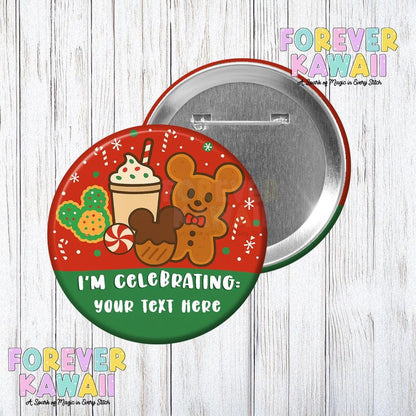 Personalized Holiday Celebration Button – Christmas Gingerbread & Treats | Custom Park Celebration Pin | Holiday Trip Button | Festive Badge
