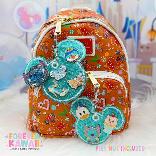 Aqua Blue Glitter Pin Trading Keychain | Choose 3 or 5 Pin Holder | Winter Disney Park Bag Charm | Enamel Pin Collector Gift