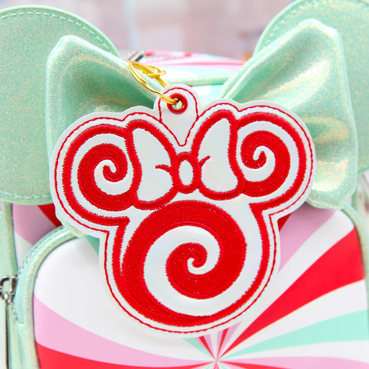 Peppermint Mouse Bag Charm – Holiday Candy Swirl Keychain | White Holographic Vinyl | Disney Christmas Accessory | Festive Park Gift
