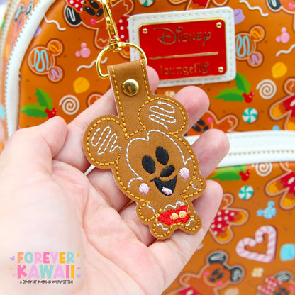 Mouse Gingerbread Snap Tab – Disney Bag Charm, Christmas Keychain, Holiday Gift, Cute Embroidered Vinyl Charm, Park Bag Accessory