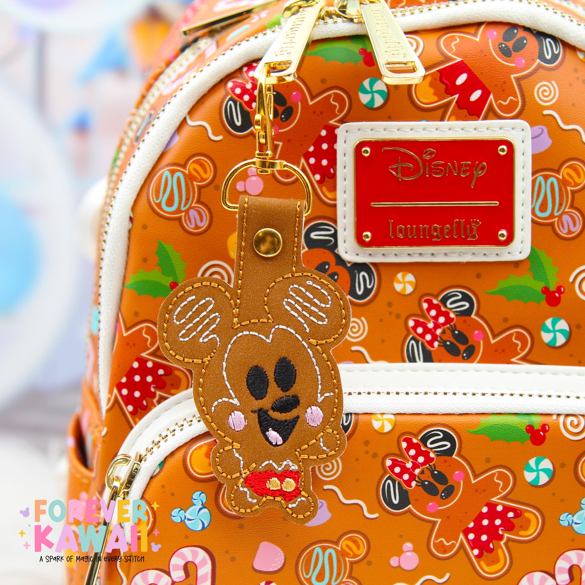 Mouse Gingerbread Snap Tab – Disney Bag Charm, Christmas Keychain, Holiday Gift, Cute Embroidered Vinyl Charm, Park Bag Accessory