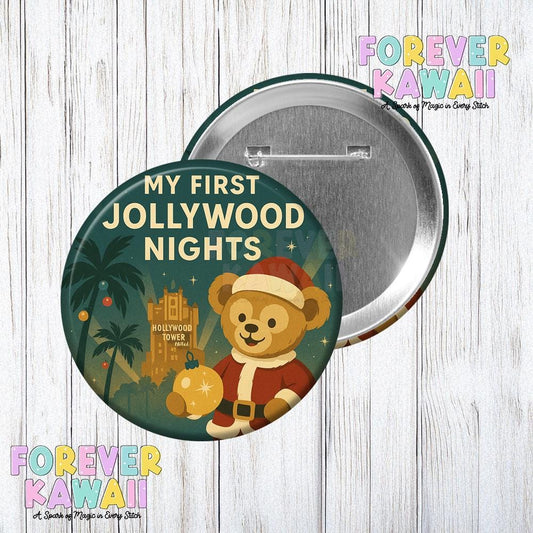 Jollywood Nights 2025 Inspired 3" Celebration Button – Duffy Bear Button - Vintage Hollywood Christmas Theme Park Souvenir