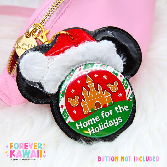 Santa Hat Mouse Celebration Button Holder Keychain for 3” Celebration Buttons | Holiday Park Bag Accessory | Christmas Gift for Disney Fans