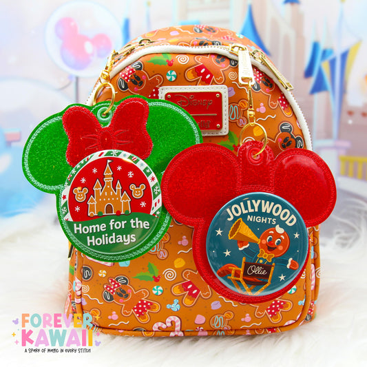 Christmas Mouse Button Holder Keychain | Holiday Park Bag Accessory | Fits 3” Celebration Buttons | Green Glitter or Red Vinyl