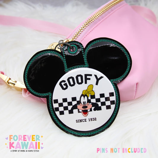 Black Gloss Button Holder Keychain | Green Stitch Park Bag Charm | 3 Inch Button Display | Theme Park Travel Accessory | Disney Gift