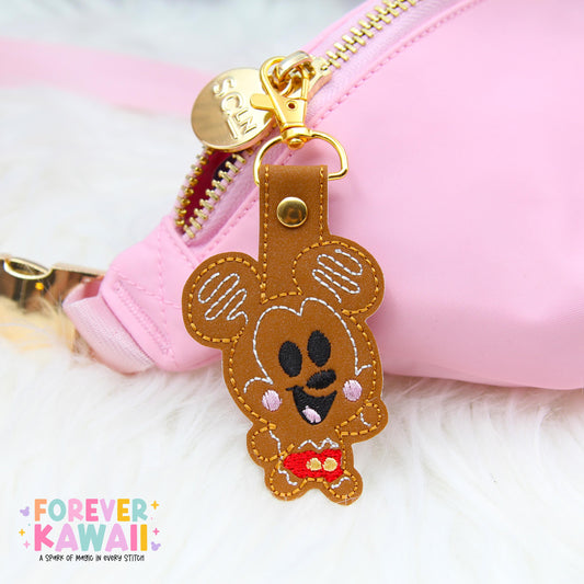 Mouse Gingerbread Snap Tab – Disney Bag Charm, Christmas Keychain, Holiday Gift, Cute Embroidered Vinyl Charm, Park Bag Accessory