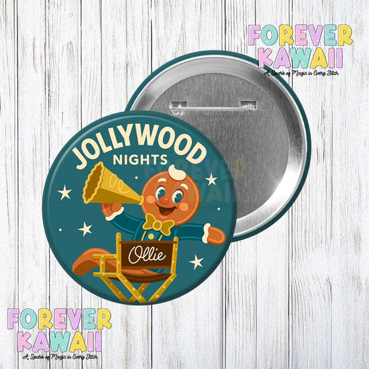 Jollywood Nights Button • Ollie Gingerbread Director Pin • Retro Hollywood Christmas Party Badge • Park Celebration Keepsake