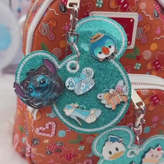 Aqua Blue Glitter Pin Trading Keychain | Choose 3 or 5 Pin Holder | Winter Disney Park Bag Charm | Enamel Pin Collector Gift