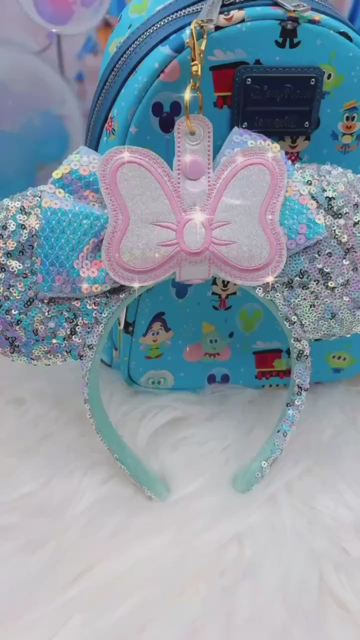 Marie Cat Inspired Bow Ear Holder Keychain | White & Pink Holographic Faux Leather Disney Ear and Hat Holder | Popcorn Bucket, Resort Mug