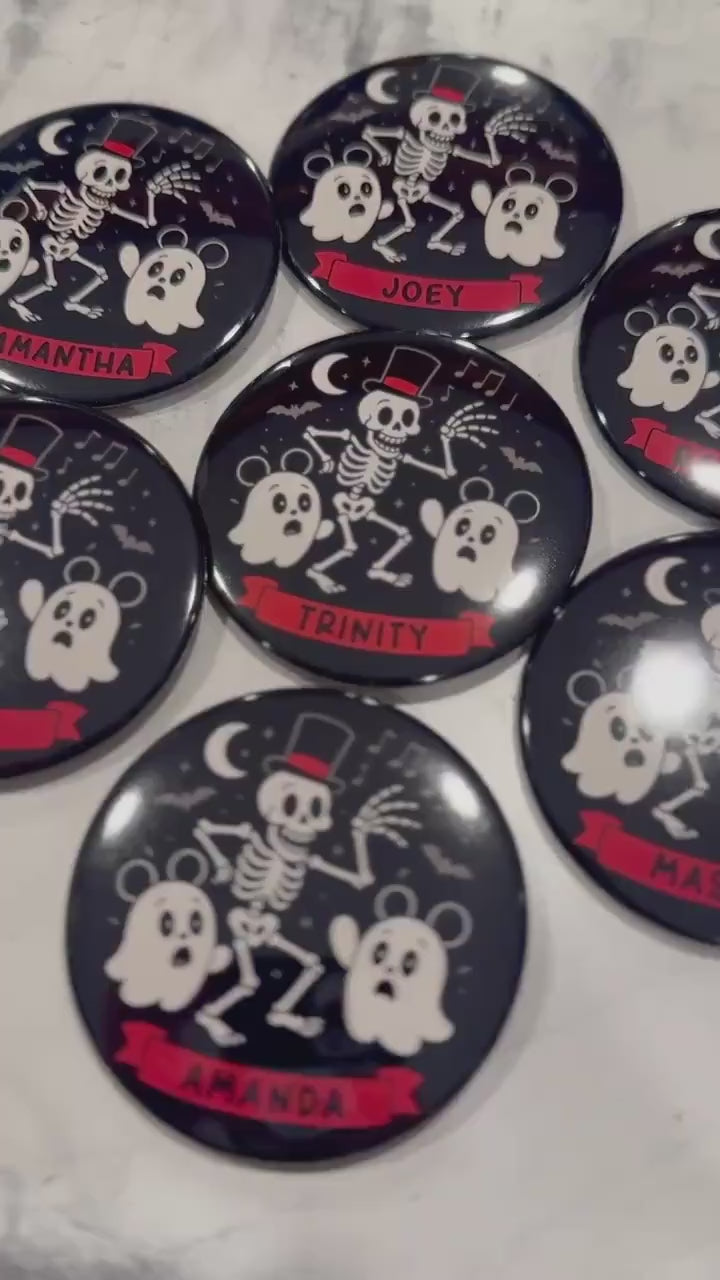 Skeleton Dance Ghost Celebration Button – Personalized Park Day Pin, Halloween Party,  Kawaii Badge, Custom Name Souvenir - Disney Button