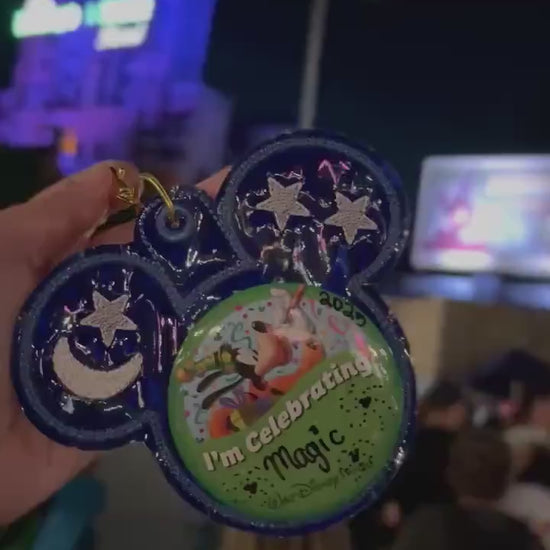 Sorcerer Mouse Button Holder – 3” Celebration Button Backer – Keychain & Badge Clip – Park Button Accessory – Backpack Charm - Park Bag