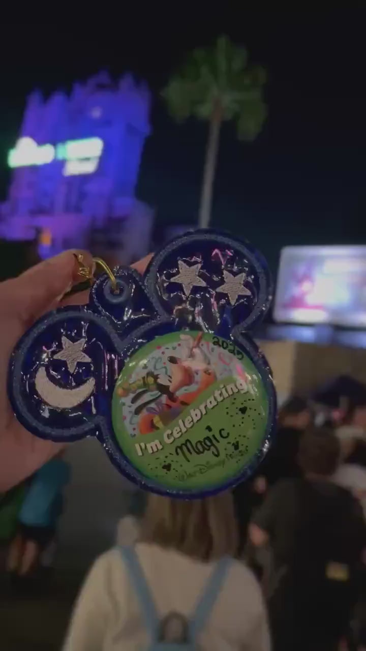 Sorcerer Mouse Button Holder – 3” Celebration Button Backer – Keychain & Badge Clip – Park Button Accessory – Backpack Charm - Park Bag