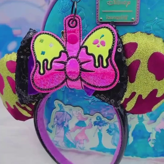 Neon Poison Apple Bow Ear Holder Keychain | Pink Glitter Faux Leather Disney Ear & Hat Holder | For Sunglasses, Popcorn Bucket, Resort Mug