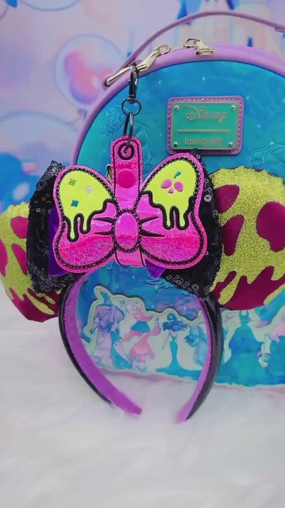 Neon Poison Apple Bow Ear Holder Keychain | Pink Glitter Faux Leather Disney Ear & Hat Holder | For Sunglasses, Popcorn Bucket, Resort Mug