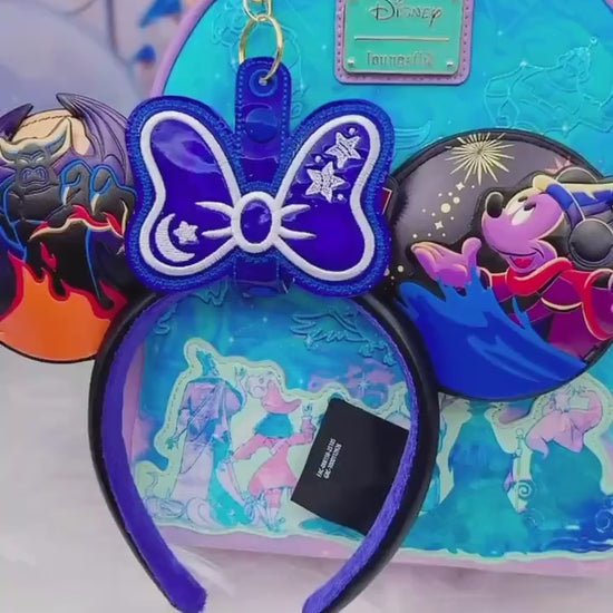 Sorcerer Mouse Bow Ear Holder | Blue Holographic Faux Leather Disney Ear & Hat Holder | Bag Charm for Sunglasses, Popcorn Bucket, Resort Mug