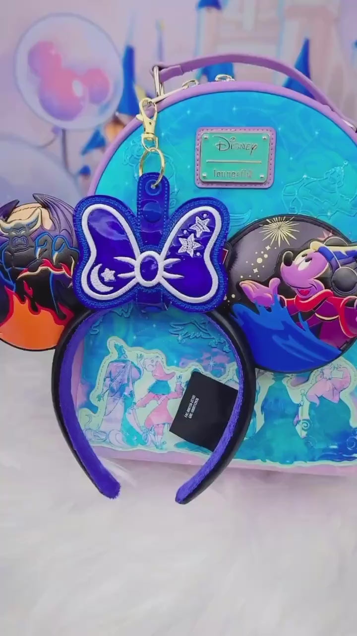 Sorcerer Mouse Bow Ear Holder | Blue Holographic Faux Leather Disney Ear & Hat Holder | Bag Charm for Sunglasses, Popcorn Bucket, Resort Mug