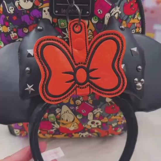 Halloween Bow Ear Holder Keychain | Orange & Black Faux Leather Disney Ear and Hat Holder | Bag Charm Sunglasses, Popcorn Bucket, Resort Mug