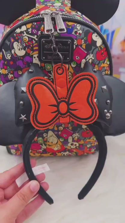 Halloween Bow Ear Holder Keychain | Orange & Black Faux Leather Disney Ear and Hat Holder | Bag Charm Sunglasses, Popcorn Bucket, Resort Mug