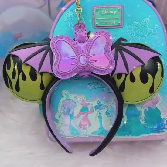 Purple Holographic Bow Ear Holder | Disney Ear & Hat Holder | Iridescent Faux Leather Bag Charm for Sunglasses, Popcorn Bucket, Resort Mug
