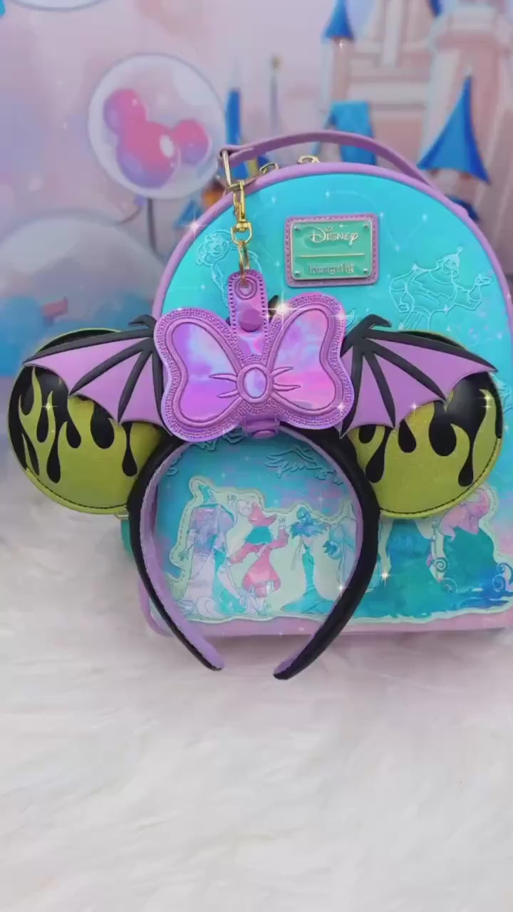 Purple Holographic Bow Ear Holder | Disney Ear & Hat Holder | Iridescent Faux Leather Bag Charm for Sunglasses, Popcorn Bucket, Resort Mug
