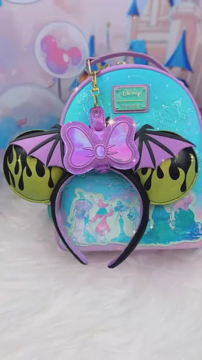 Purple Holographic Bow Ear Holder | Disney Ear & Hat Holder | Iridescent Faux Leather Bag Charm for Sunglasses, Popcorn Bucket, Resort Mug