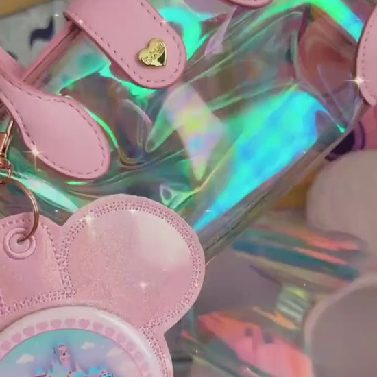 Baby Pink Iridescent Vinyl - Mouse Backer Keychain for 3” Celebration Buttons - Badge Holder - Backpack Charm - Theme Park Accessory