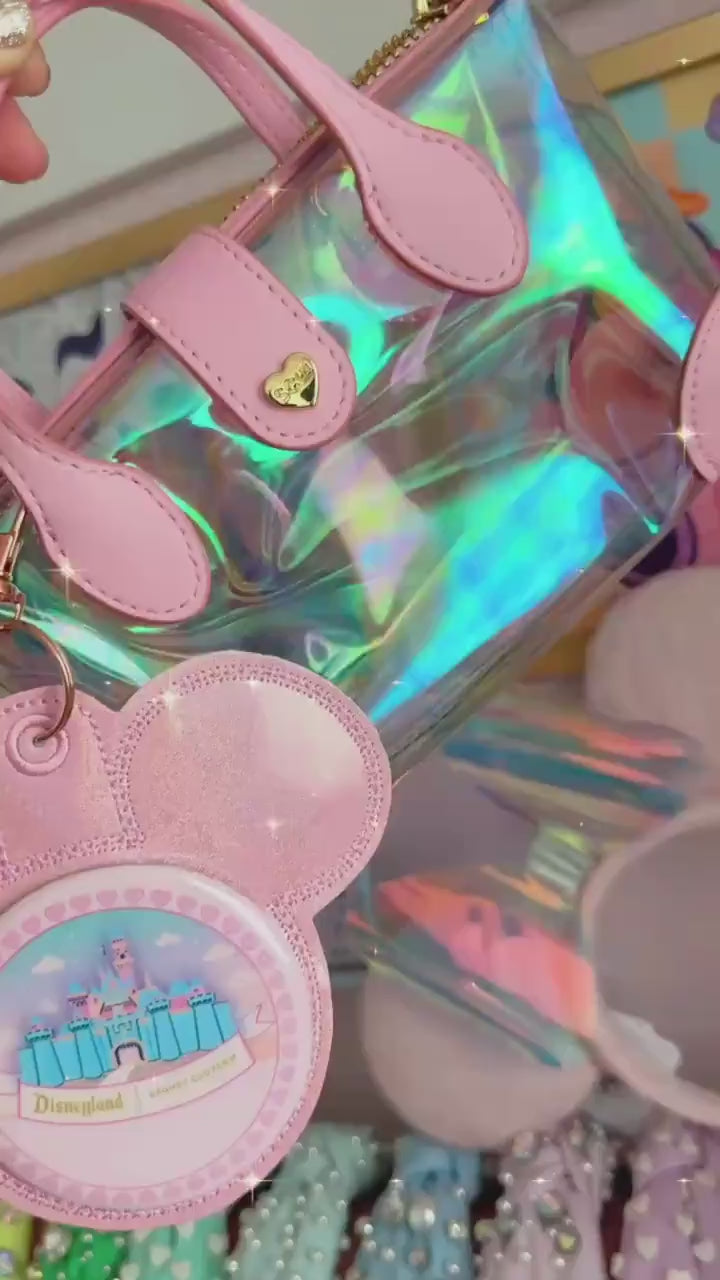 Baby Pink Iridescent Vinyl - Mouse Backer Keychain for 3” Celebration Buttons - Badge Holder - Backpack Charm - Theme Park Accessory