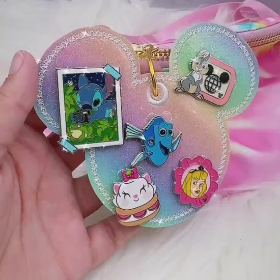 Pastel Rainbow Glitter Disney Pin Trading Keychain | No-Shed Glitter 3 Pin or 5 Pin Holder | Kawaii Bag Charm & Pin Display