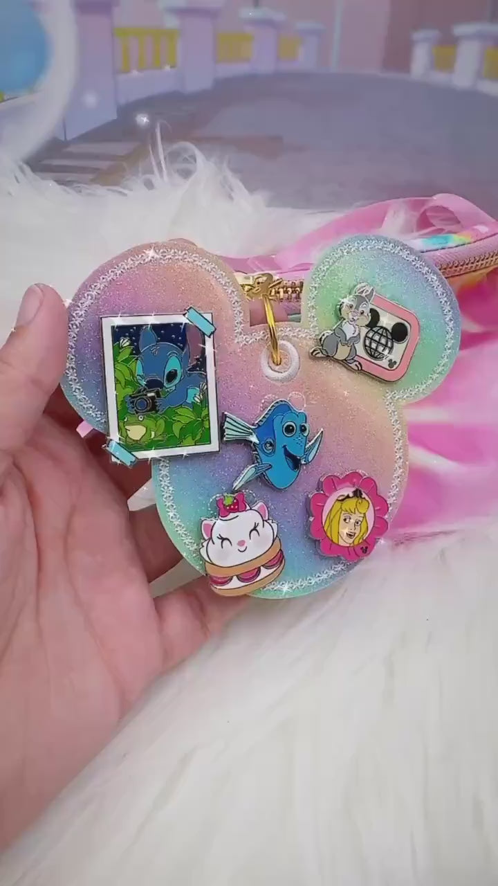 Pastel Rainbow Glitter Disney Pin Trading Keychain | No-Shed Glitter 3 Pin or 5 Pin Holder | Kawaii Bag Charm & Pin Display